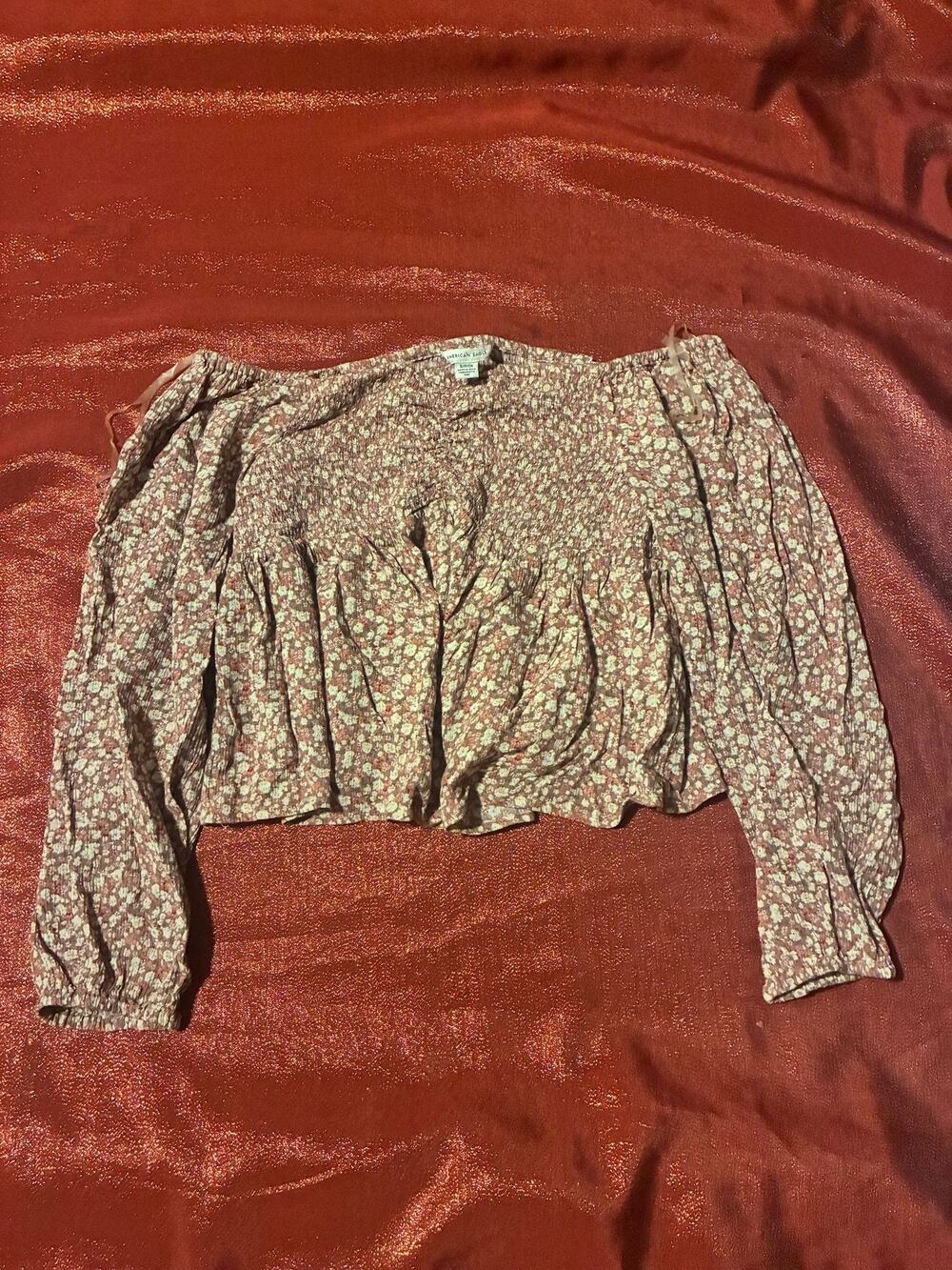 American Eagle Top Womens S Smocked Peplum Crop Long Sleeve Floral Boho Pink